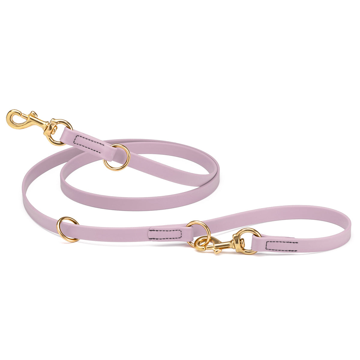 Pastel purple adjustable dog leash with two brass clips and three O-rings, made from waterproof Biothane
