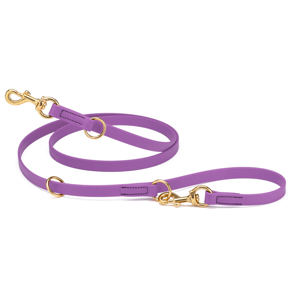 Amethyst purple adjustable dog leash with two brass clips and three O-rings, made from waterproof Biothane