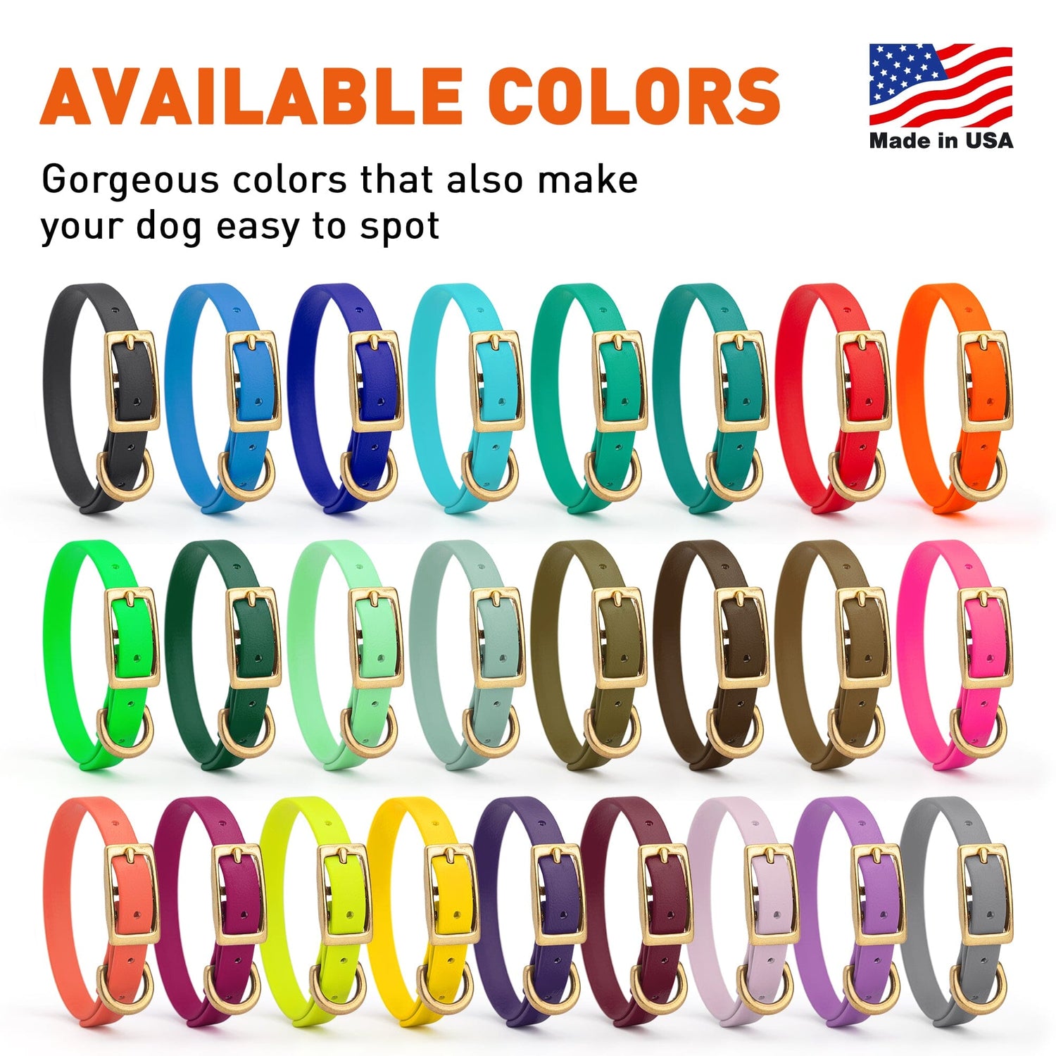 Waterproof Biothane dog collars with brass hardware, size XS, 1/2-inch wide, 26 colors available