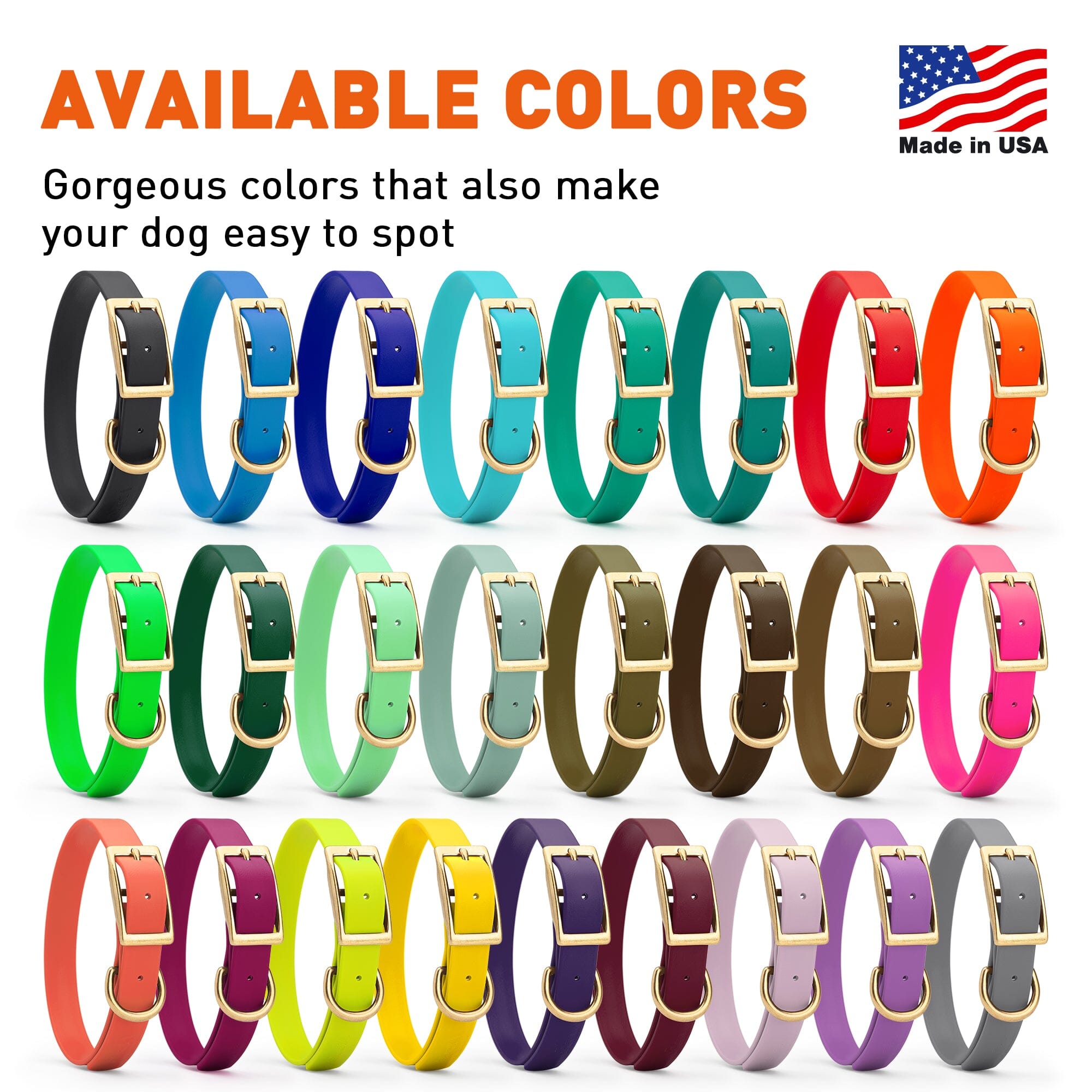 Biothane waterproof collars for dogs with brass hardware, size XL, 26 colors available