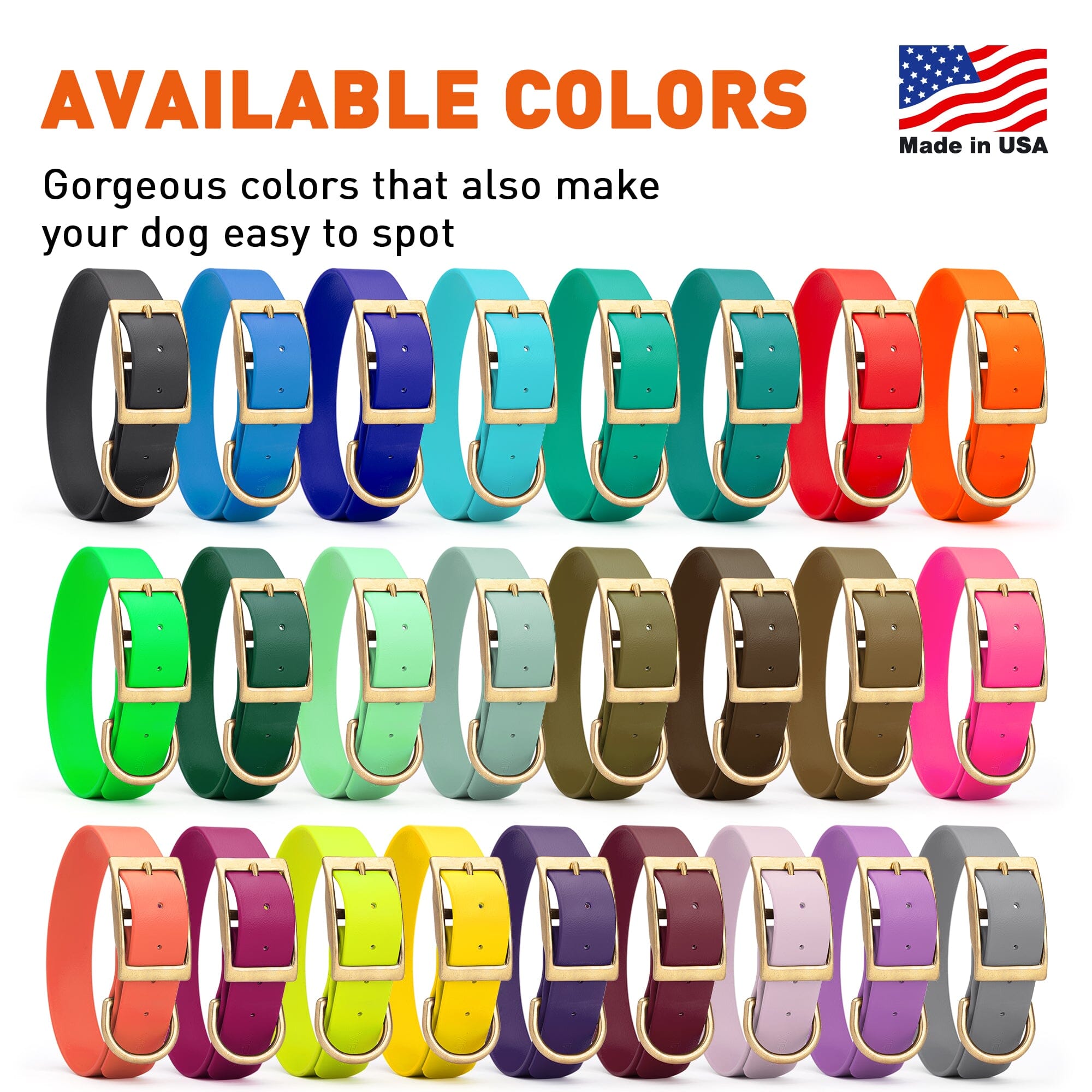 Biothane dog collars with brass hardware, size L - fits large dogs, 26 colors available