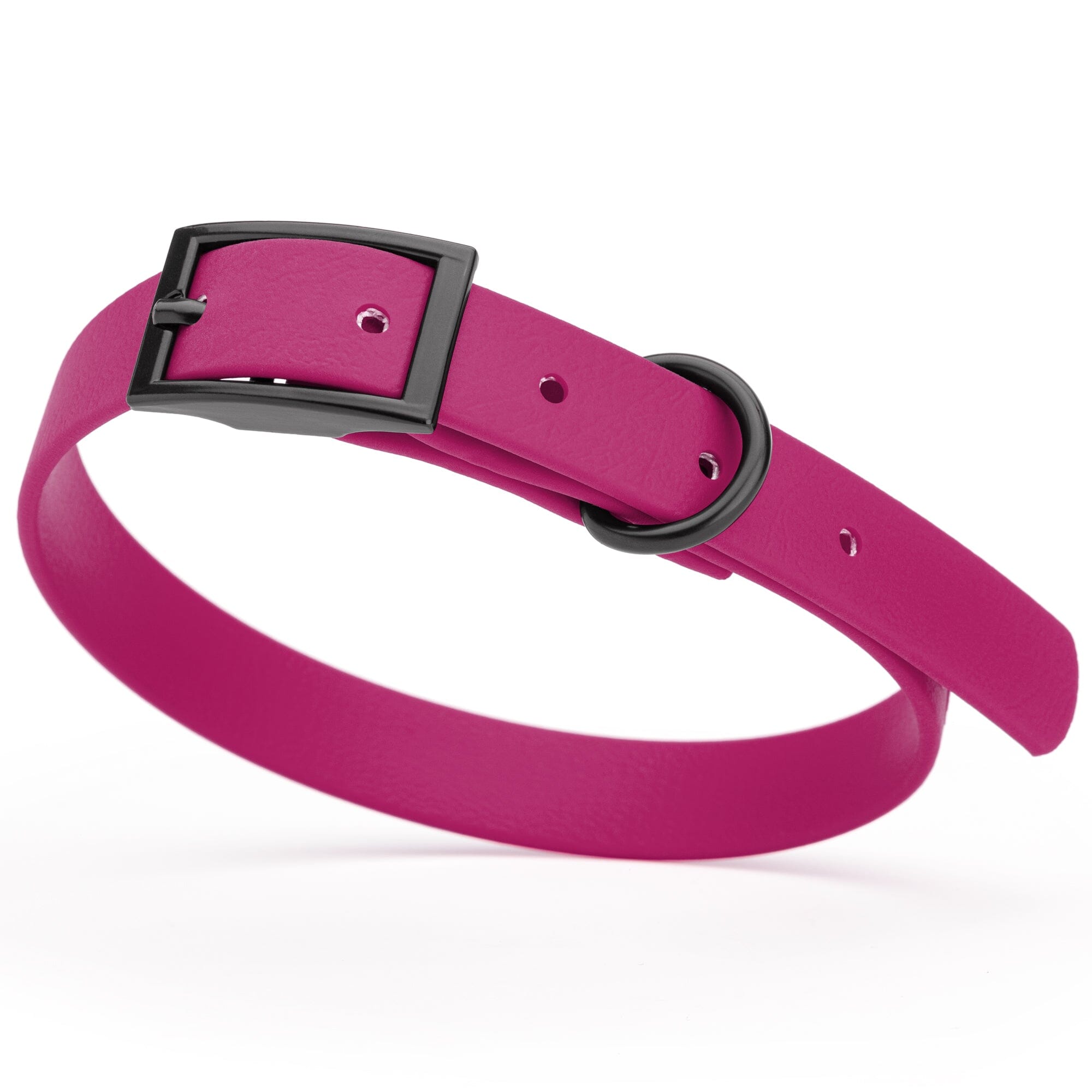 Magenta Pink Biothane dog collar with black metal buckle and D-ring, width 5/8 inches, fits small dogs