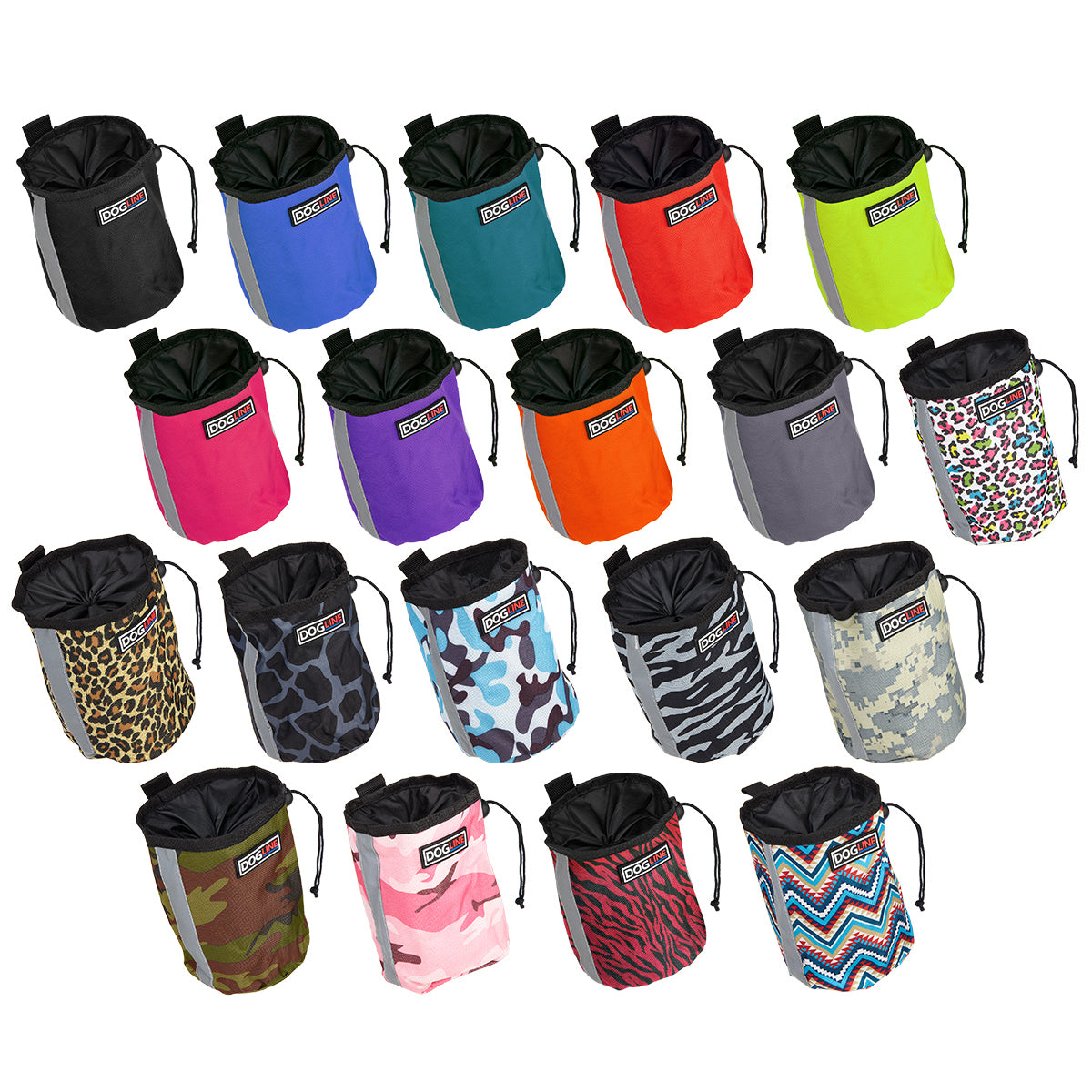 Dog treat pouches with belt clip, drawstring and built-in waste bag dispenser, 19 colors available