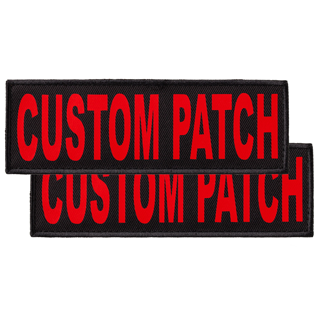 Custom Fluorescent Coral text patches for dog vest, harness or collar, with hook backing for hook and loop fastener