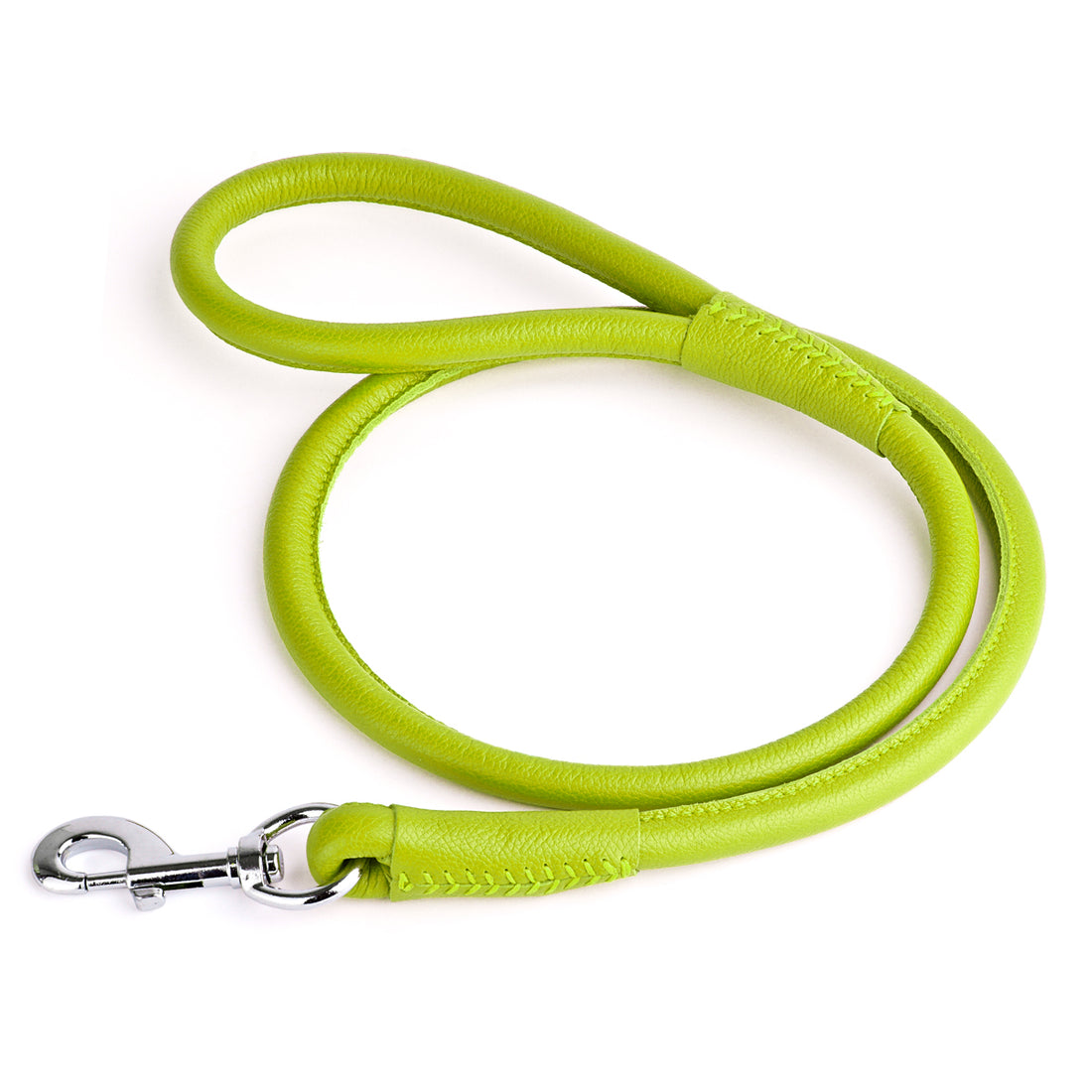 Lime Green leather dog leash with metal swivel snap hook, round design, 4 feet long