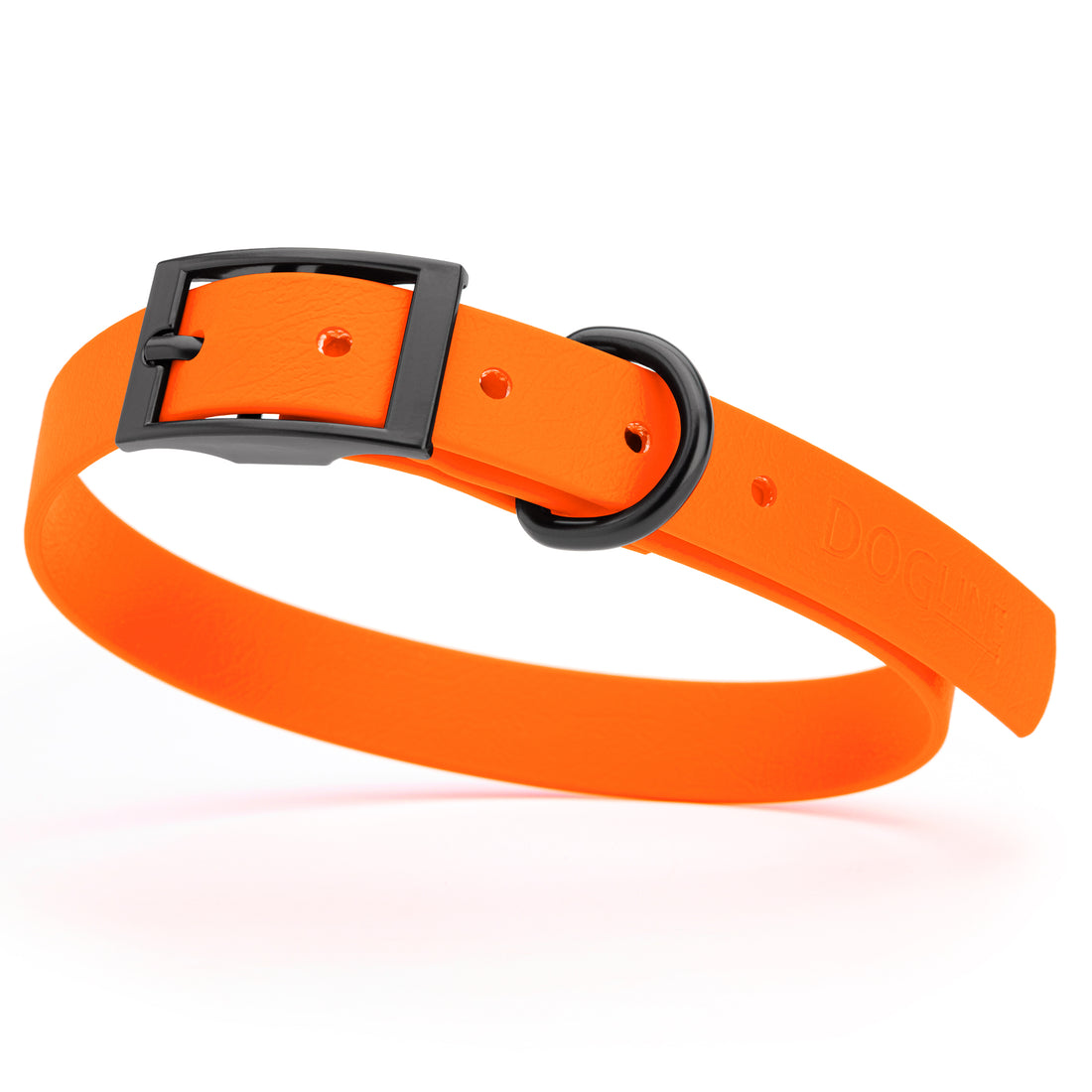 Hunter orange waterproof dog collar with black metal buckle and D-ring, made from BioThane, fits medium dogs