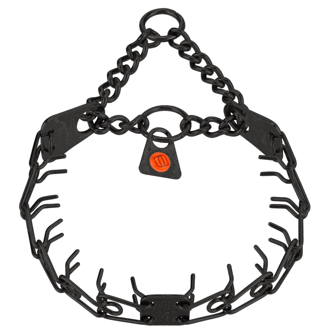 Prong training dog collar for small breeds with two rings, made from stainless steel, black