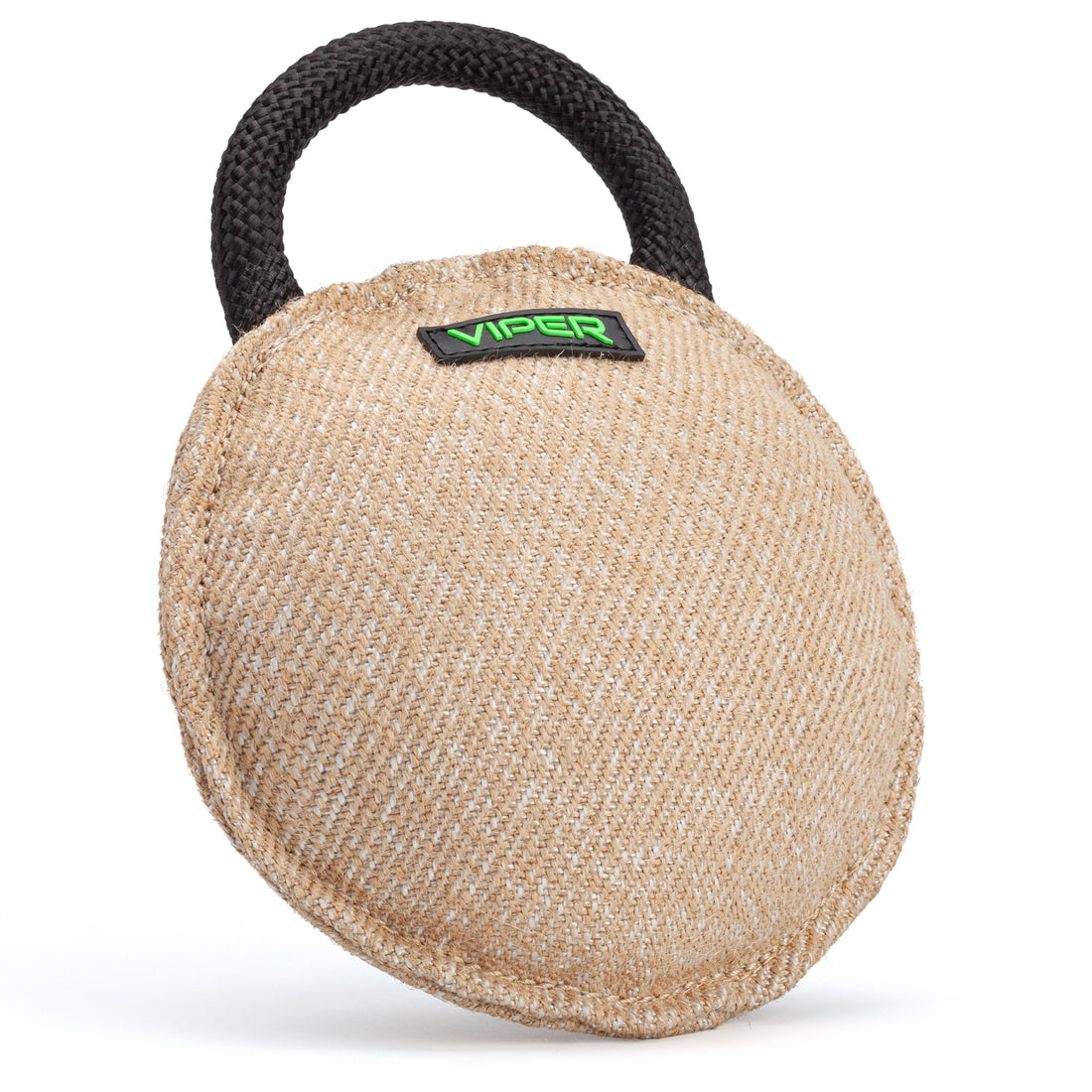 Bite pillow for dogs with round nylon handle, made from Jute