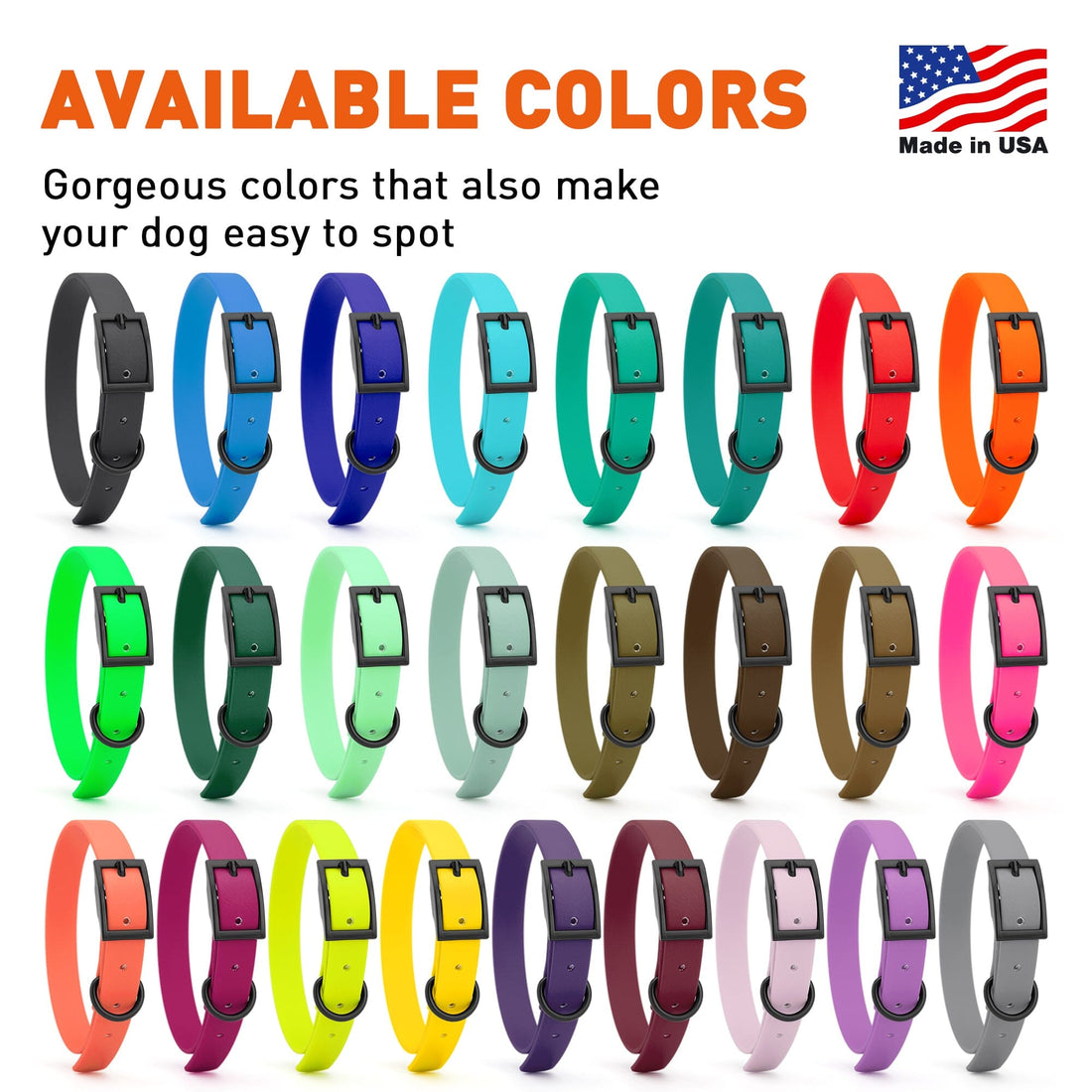 Biothane collars for small dogs, black metal hardware, 26 colors available, made in the USA
