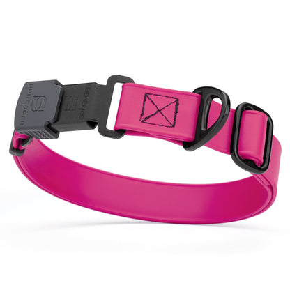 Magenta pink Biothane dog collar with black Herm Sprenger buckle and metal D-ring, waterproof and adjustable