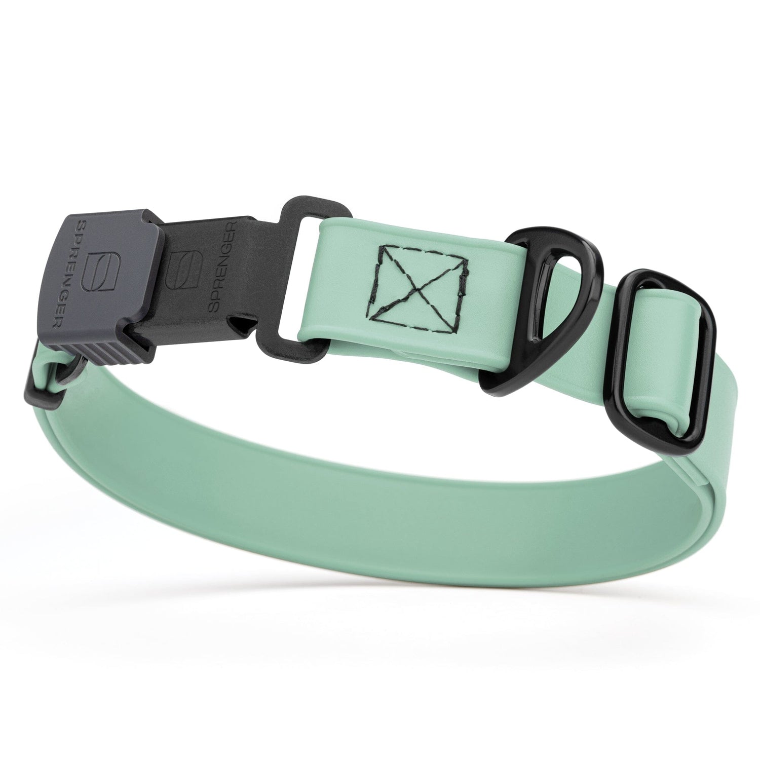 Sage green Biothane dog collar with black Herm Sprenger buckle and metal D-ring, waterproof and adjustable