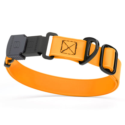 Tangerine orange Biothane dog collar with black Herm Sprenger buckle and metal D-ring, waterproof and adjustable