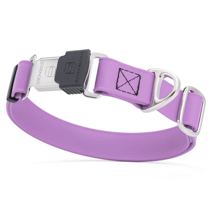 Amethyst purple dog collar with stainless steel Herm Sprenger buckle and metal D-ring, made from waterproof Biothane, adjustable 