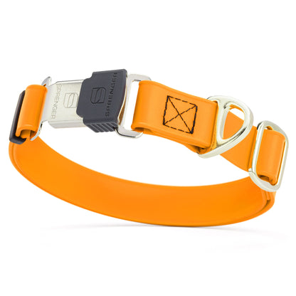Tangerine orange dog collar with stainless steel Herm Sprenger buckle and metal D-ring, made from waterproof Biothane, adjustable 