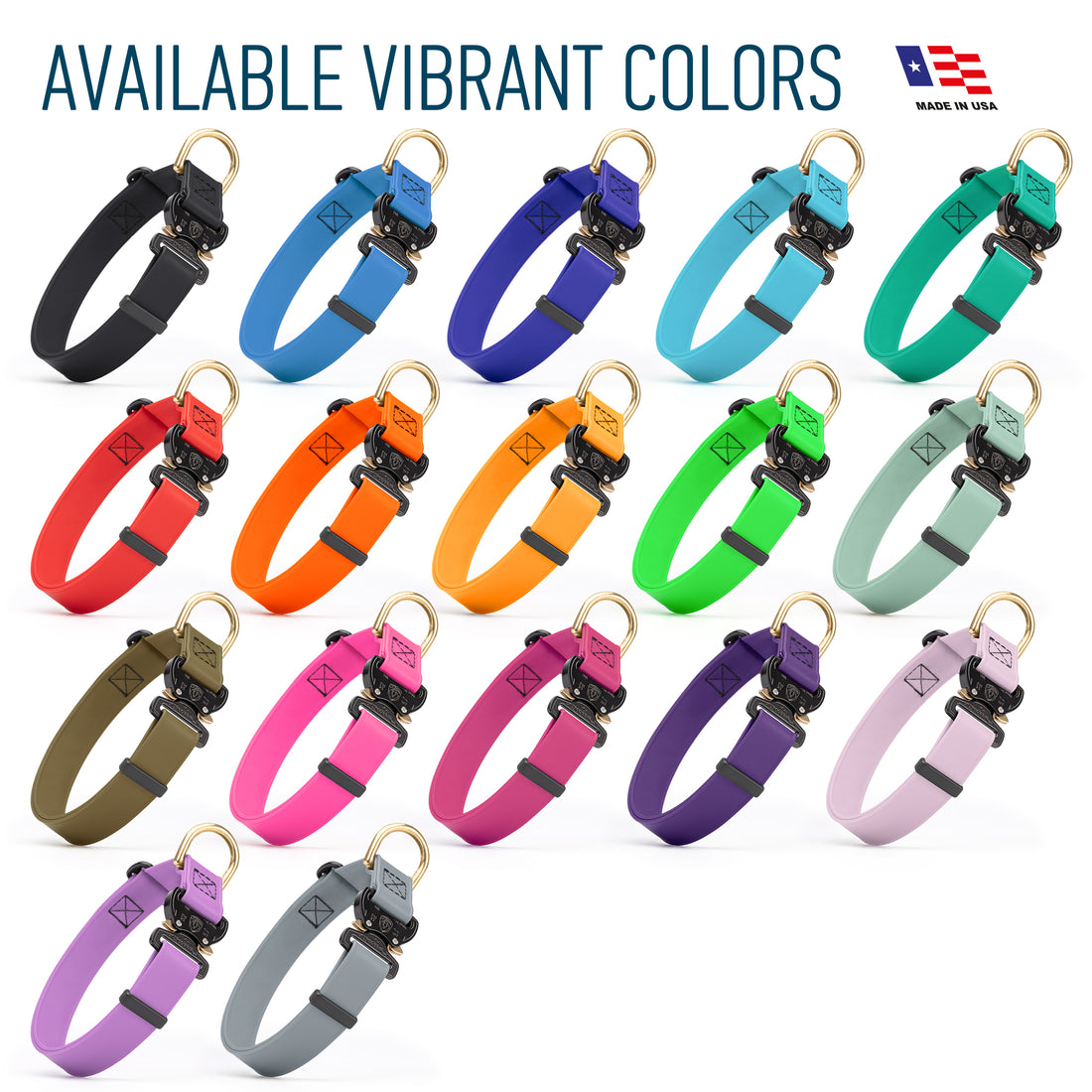 Waterproof dog collars with tactical Cobra buckle and brass D-ring, made from Biothane, 17 colors available