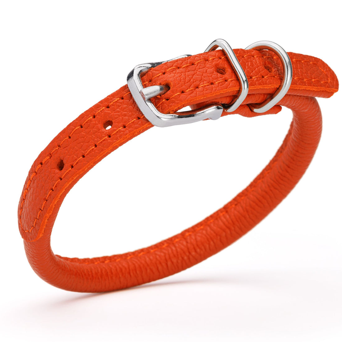 1/3 inch leather dog collar with metal buckle and D-ring, orange