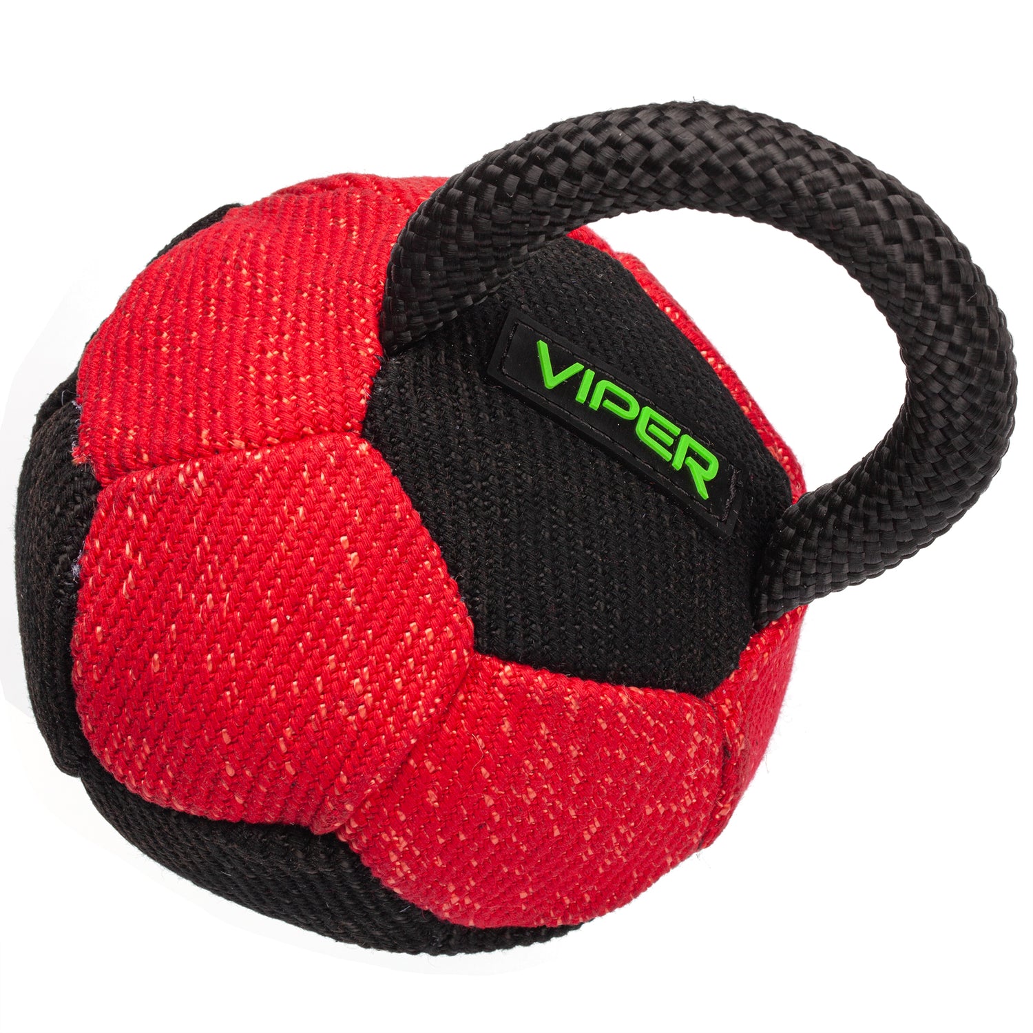 French Linen dog tug toy - black and red ball with handle