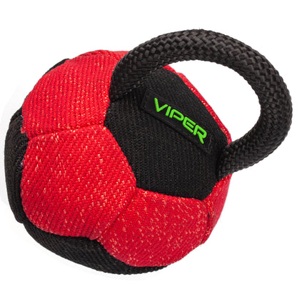 French Linen dog tug toy - black and red ball with handle