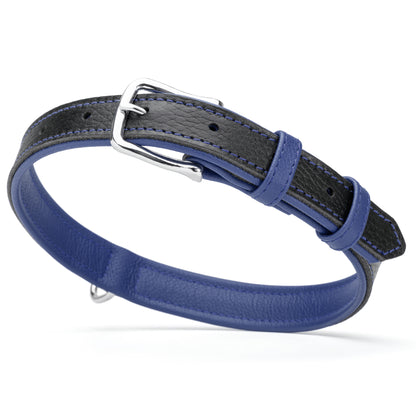 Two tone leather dog collar with silver metal buckle, 1 inch width, black and blue