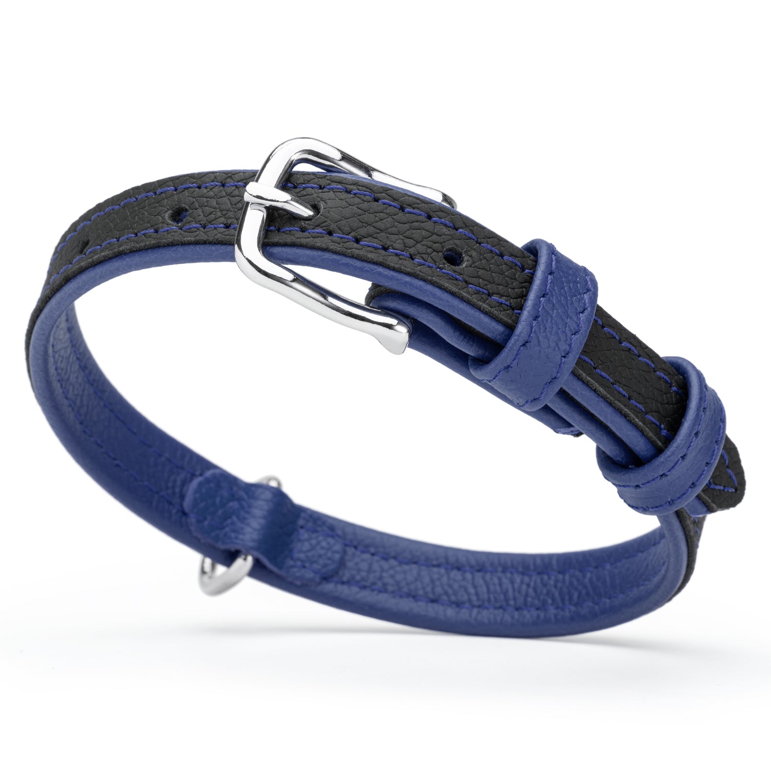 Black and blue leather dog collar with metal buckle and D-ring, 5/8 inch wide