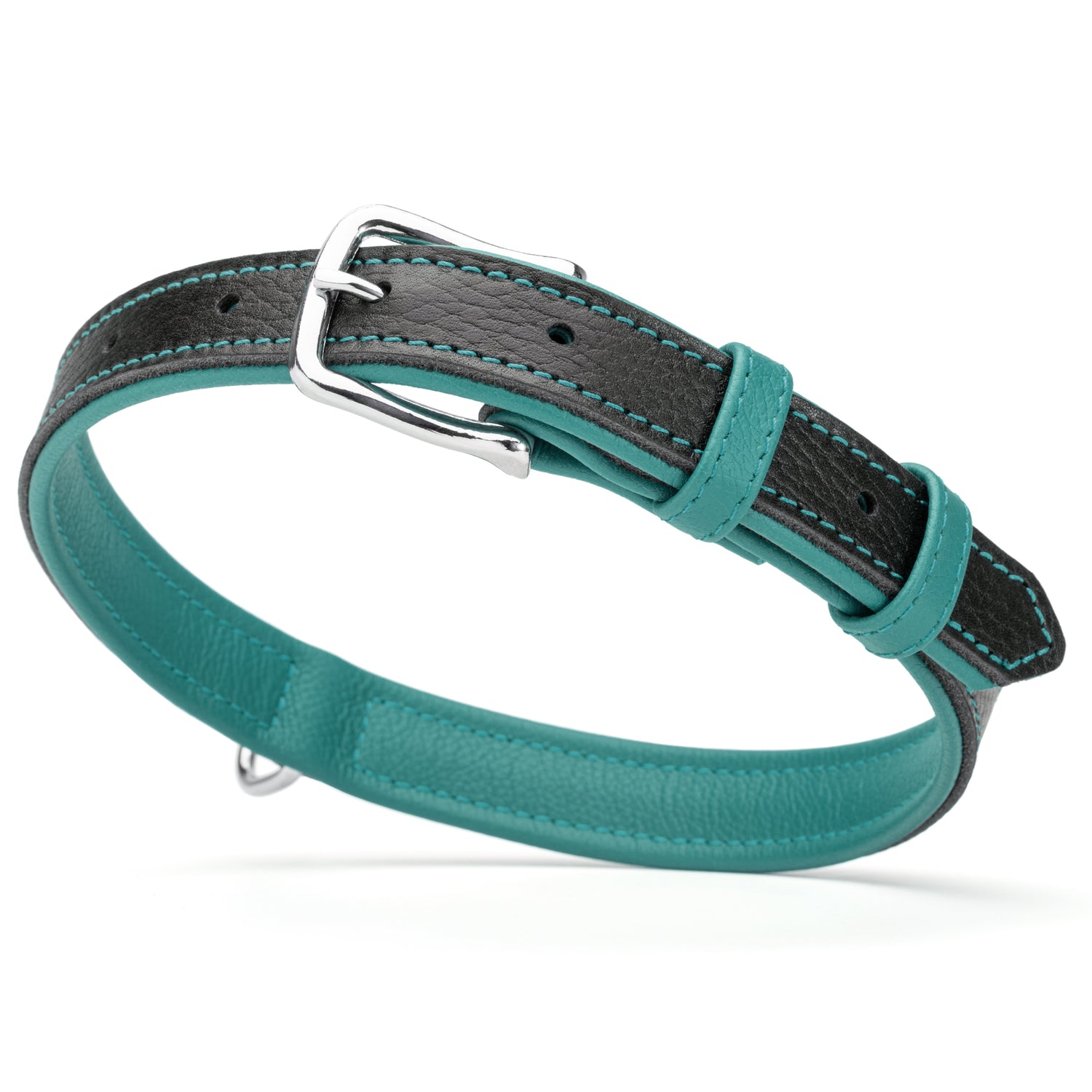 Two tone leather dog collar with silver metal buckle, 1 inch width, black and teal