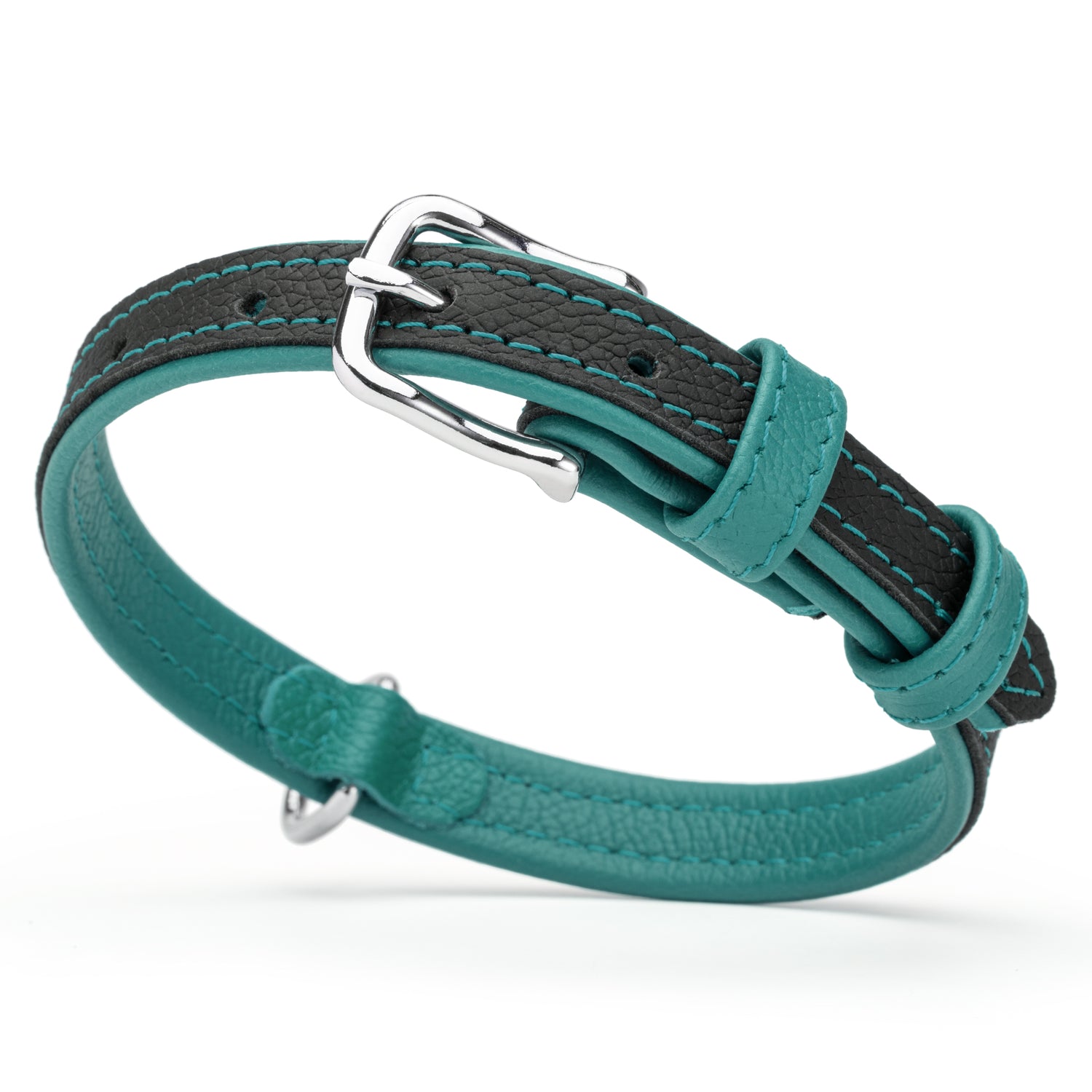 Black and teal leather dog collar with metal buckle and D-ring, 5/8 inch wide
