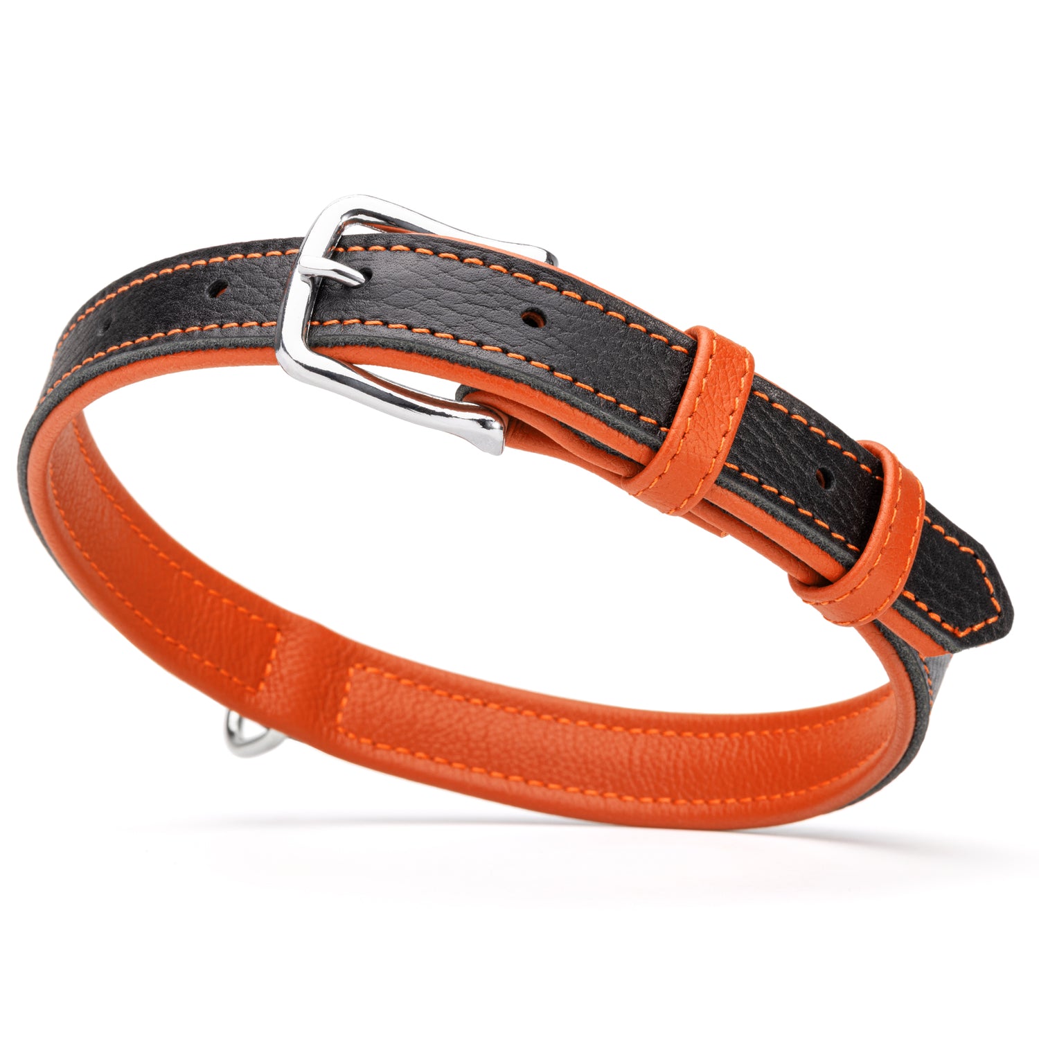 Two tone leather dog collar with silver metal buckle, 1 inch width, black and orange