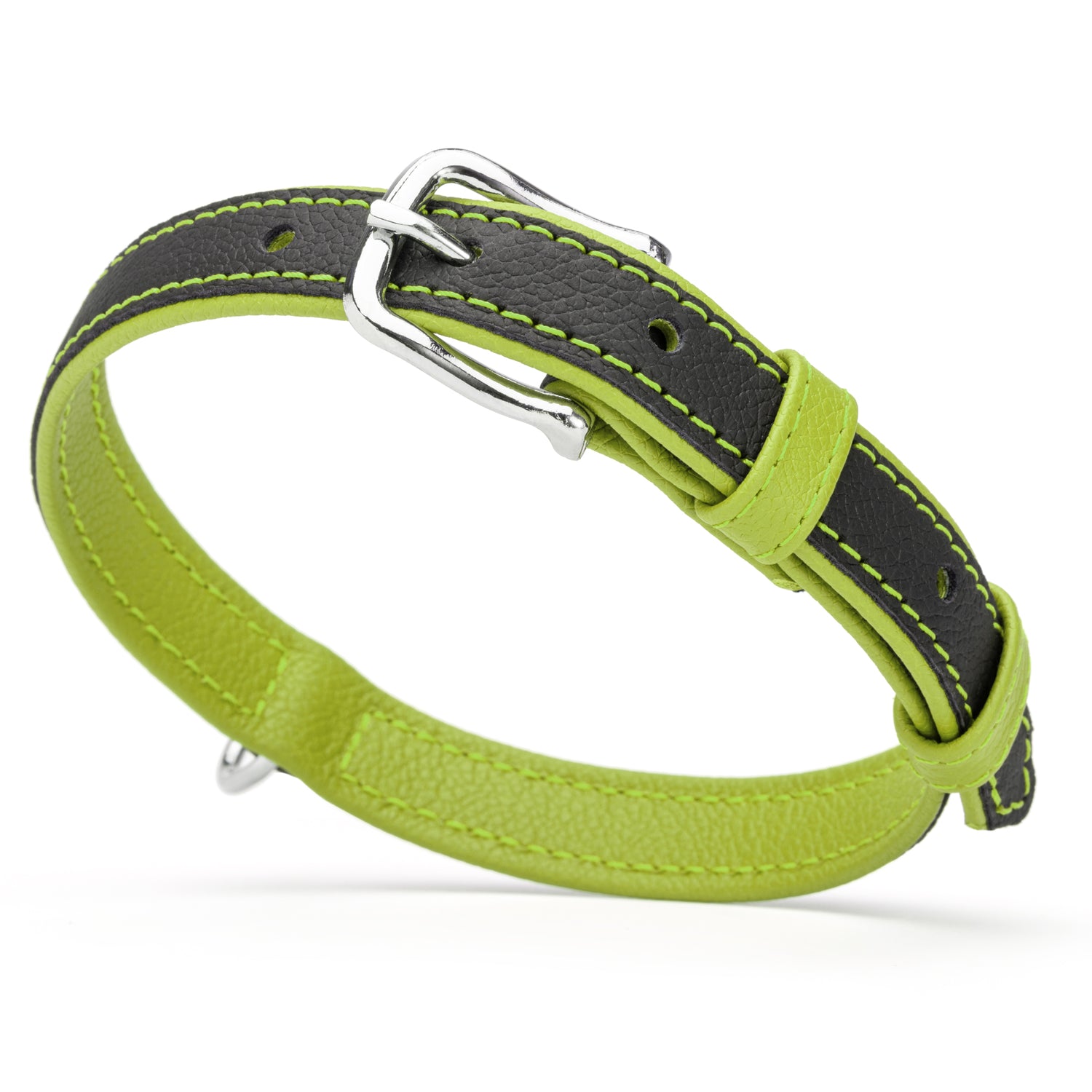 Black and green leather dog collar with silver metal hardware, width 3/4 inch