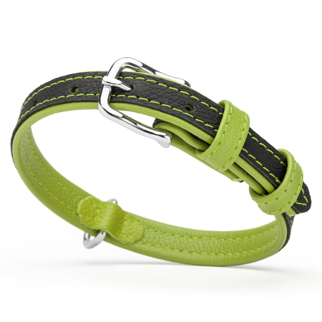 Black and Lime green leather dog collar with metal buckle and D-ring, 5/8 inch wide