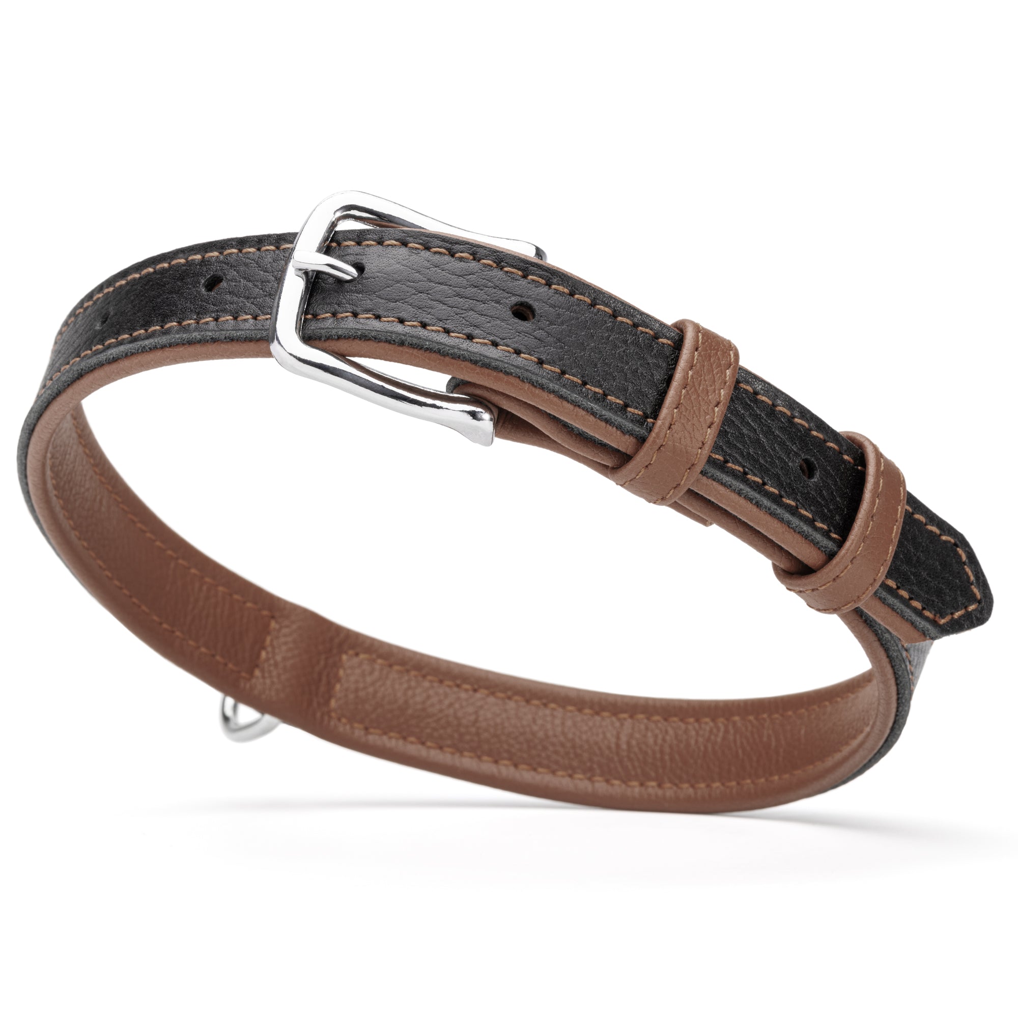 Two tone leather dog collar with silver metal buckle, 1 inch width, black and brown
