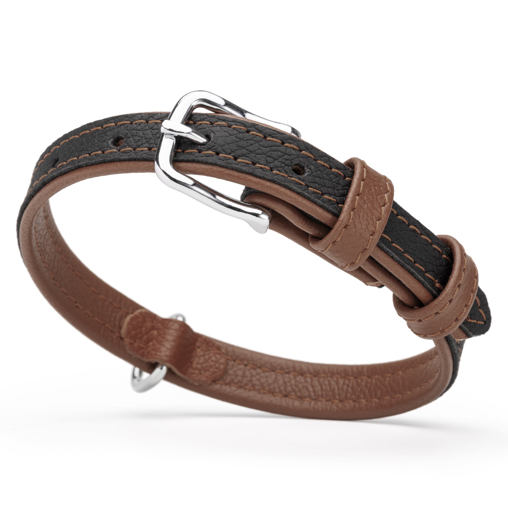 Black and brown leather dog collar with metal buckle and D-ring, 5/8 inch wide