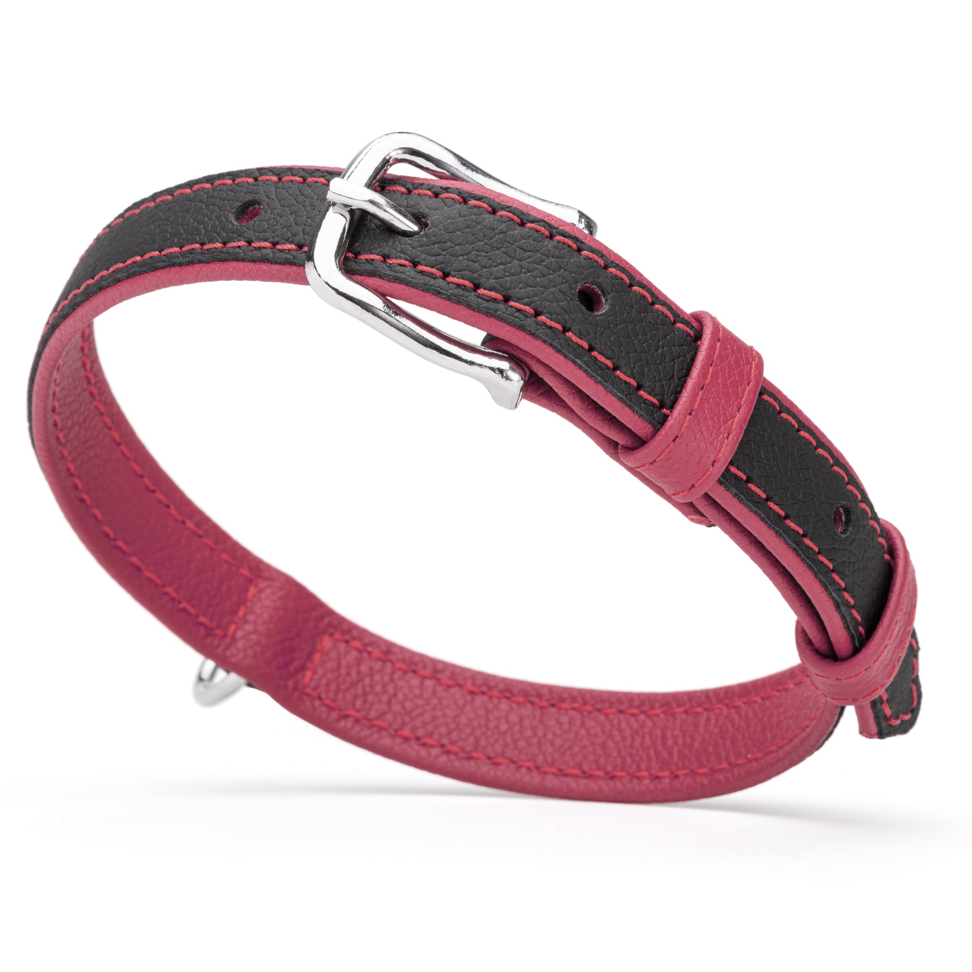 Black and pink leather dog collar with silver metal hardware, width 3/4 inch
