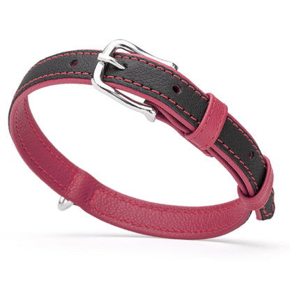 Black and pink leather dog collar with silver metal hardware, width 3/4 inch