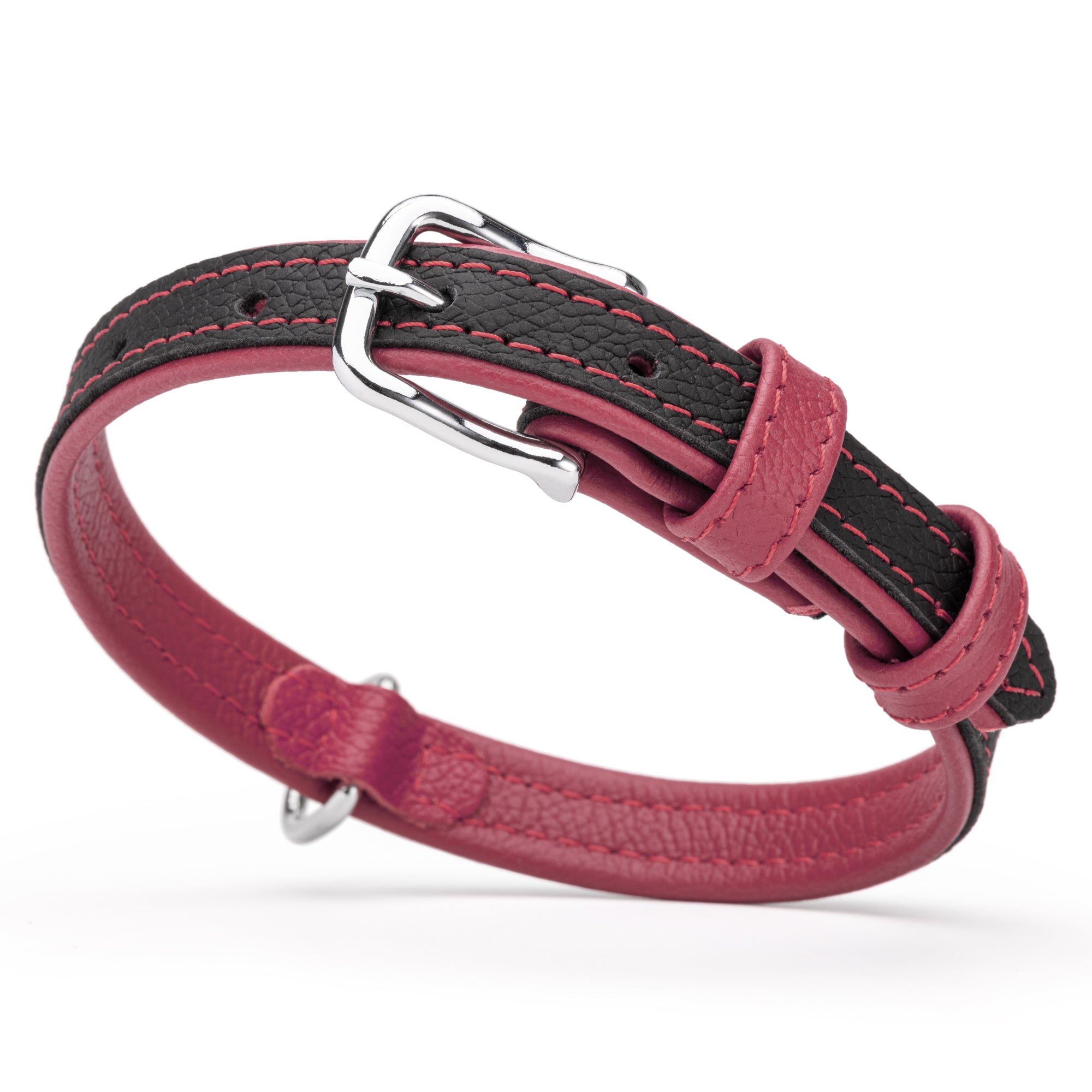 Black and pink leather dog collar with metal buckle and D-ring, 5/8 inch wide