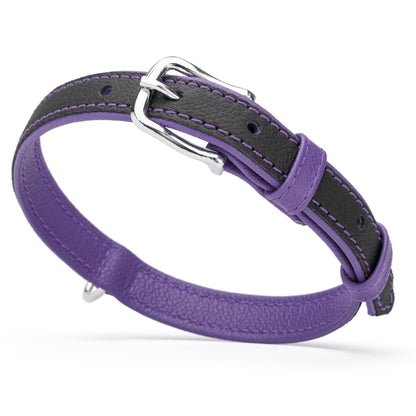 Black and purple leather dog collar with silver metal hardware, width 3/4 inch