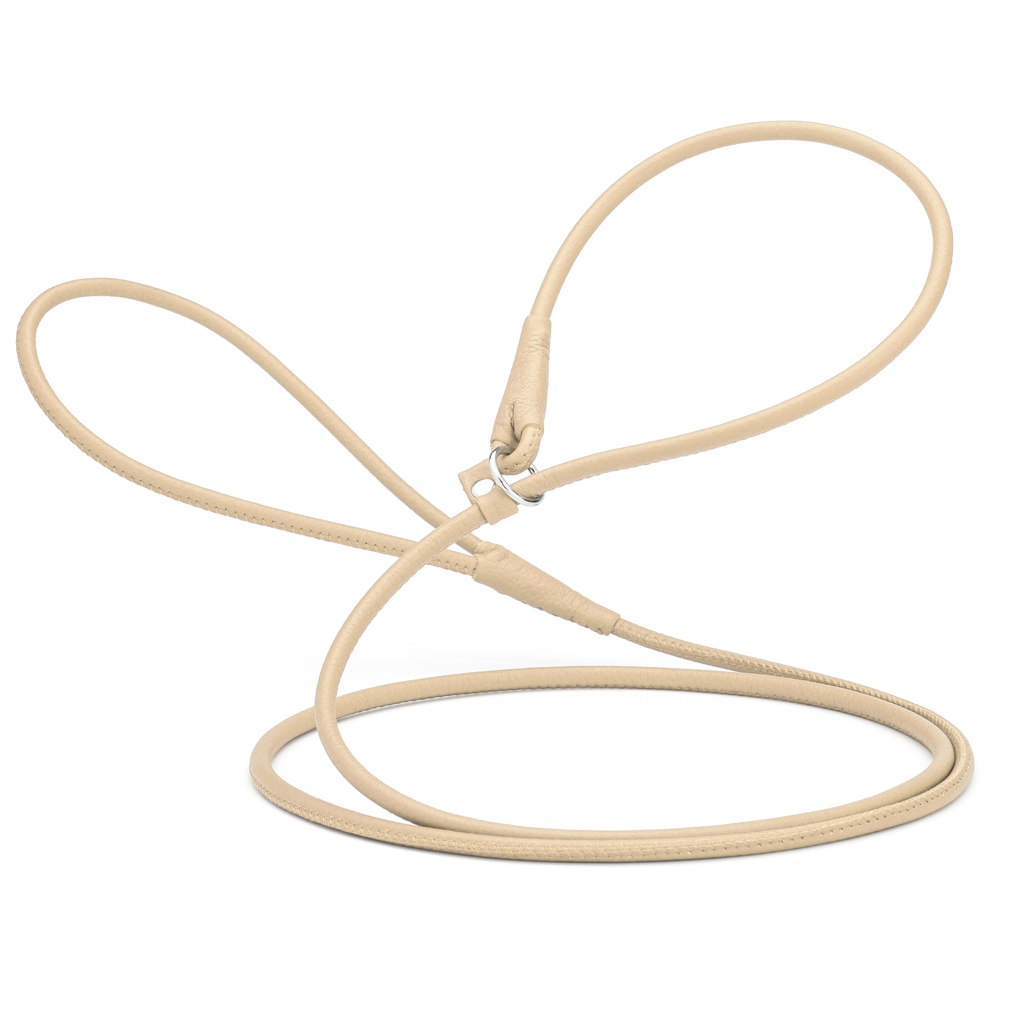 Beige leather slip lead for dogs with stopper and metal ring, 1/4 inch wide