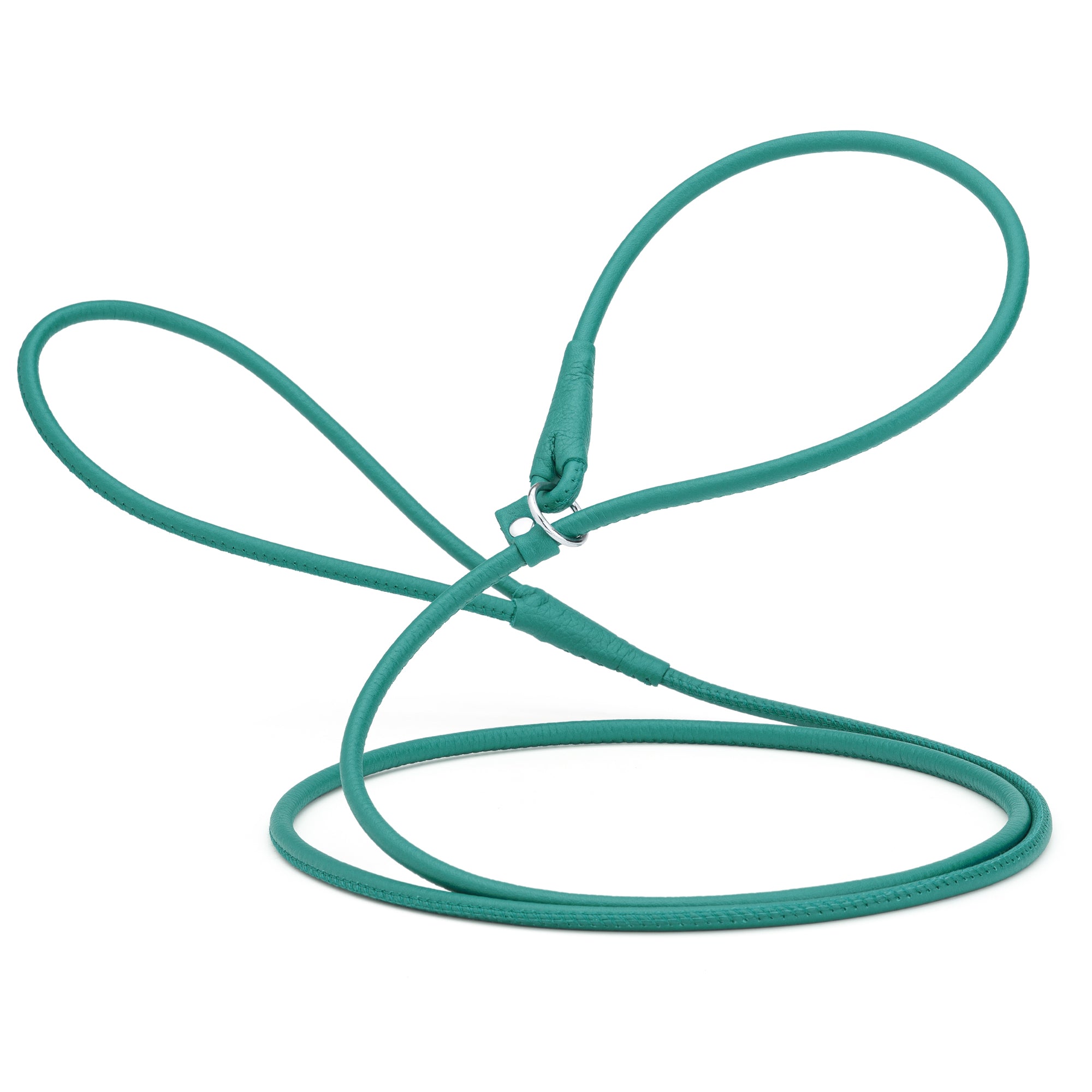 Teal leather slip lead for dogs with stopper and metal ring, 1/4 inch wide