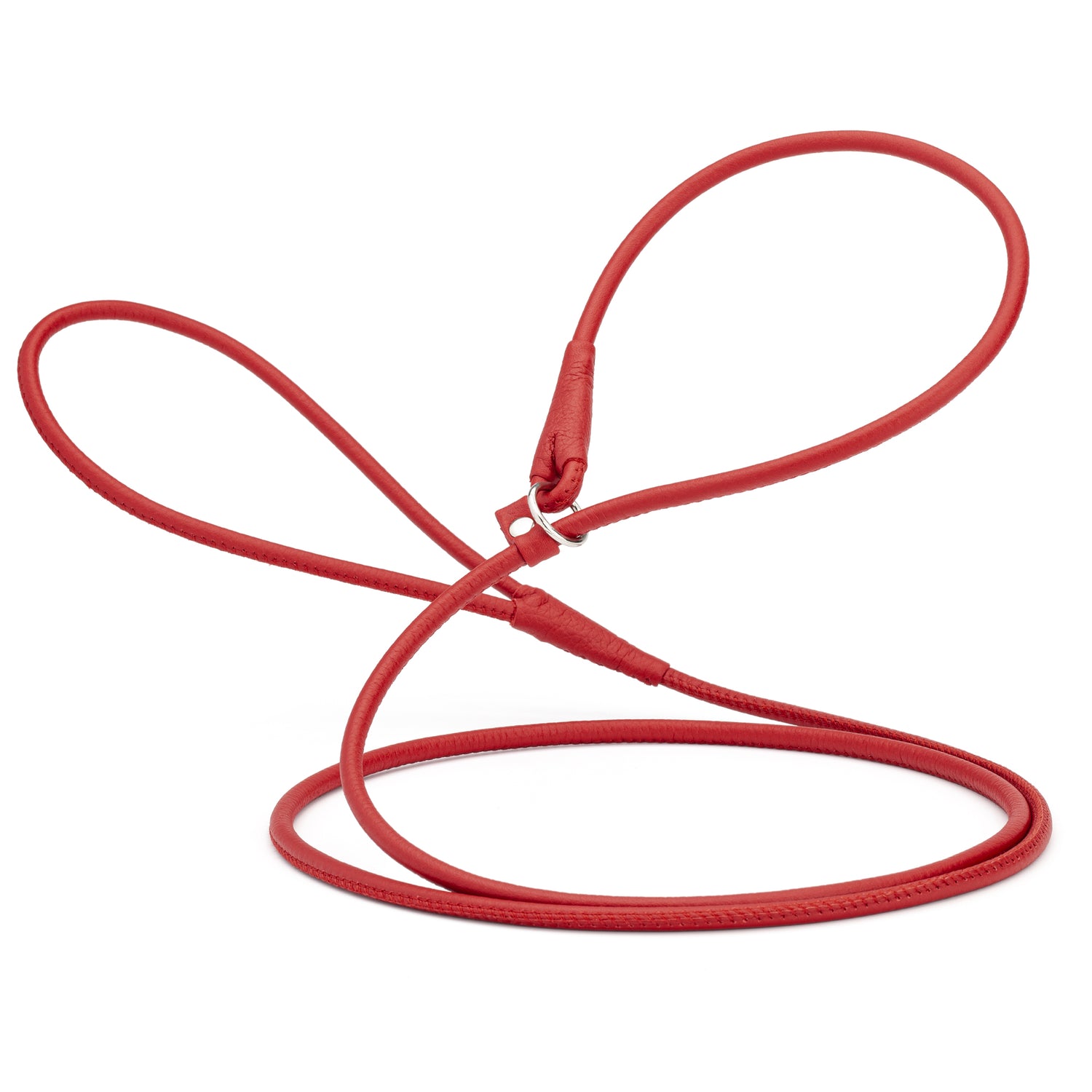 Red leather slip lead for dogs with stopper and metal ring, 1/4 inch wide