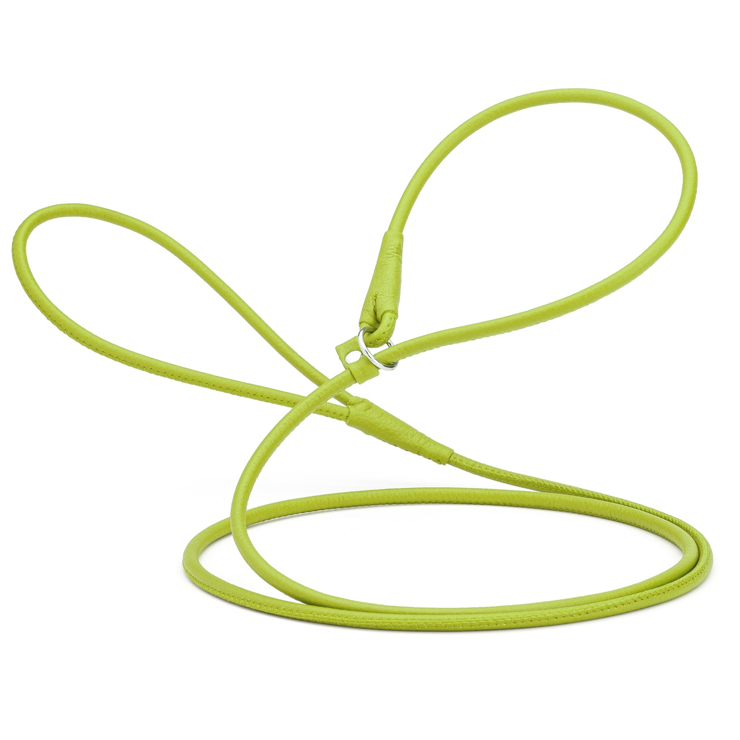 Lime green leather slip lead for dogs with stopper and metal ring, 1/4 inch wide