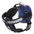 Blue dog harness with top handle, removable chest plate and reflective strip. Features quick release buckle and loop patch backing for two hook and loop patches