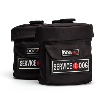 Side bags for dog harness with zipper closures and loop backing for patch attachment