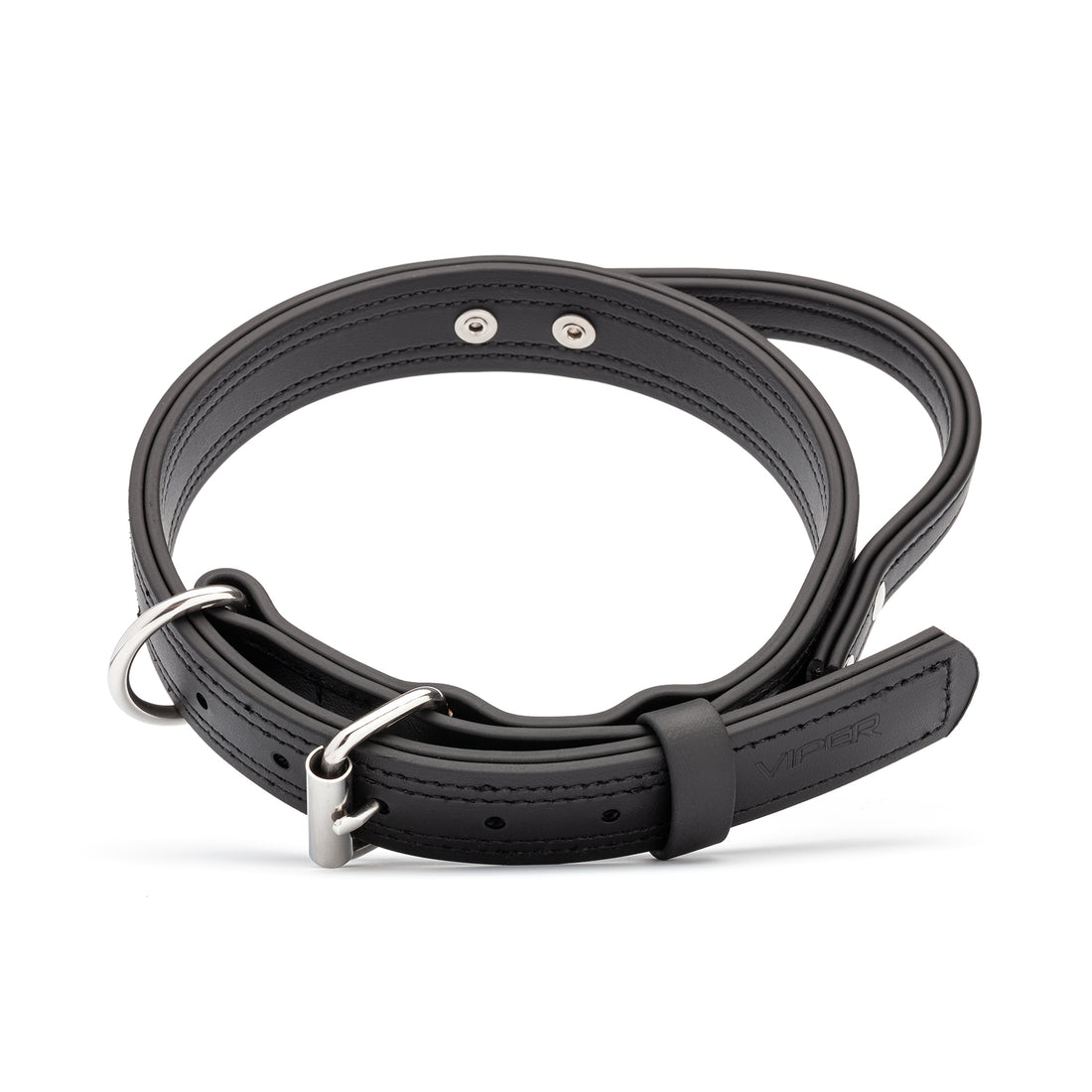 Working dog collar with built-in handle and stainless steel hardware, made from Biothane, 1 1/4 inches wide