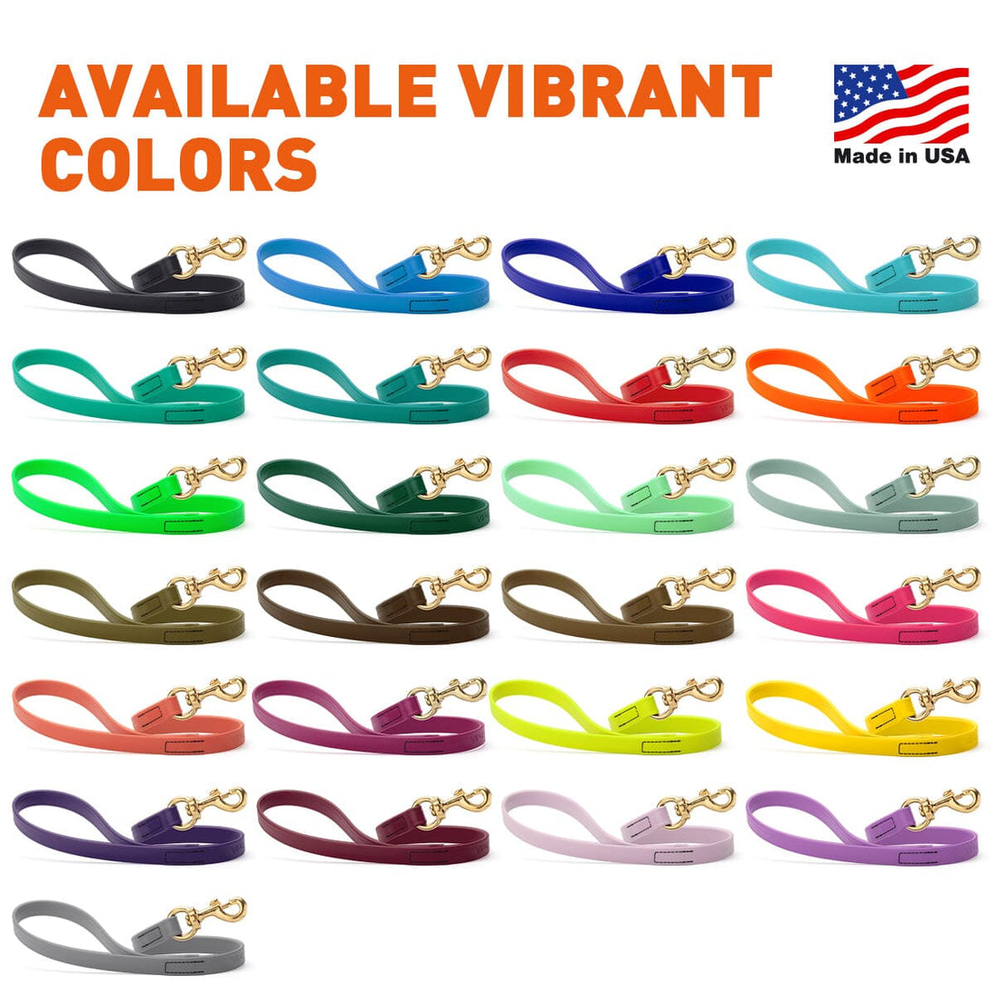 Biothane traffic leads for dogs with brass swivel clip, 20 inches long, 26 colors available, made in he USA