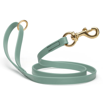 Waterproof Sage Green dog leash with brass hardware, 4 feet long, 5/8 or 3/4 inch wide, made from Biothane