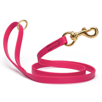 Waterproof Passionfruit Pink dog leash with brass hardware, 4 feet long, 5/8 or 3/4 inch wide, made from Biothane