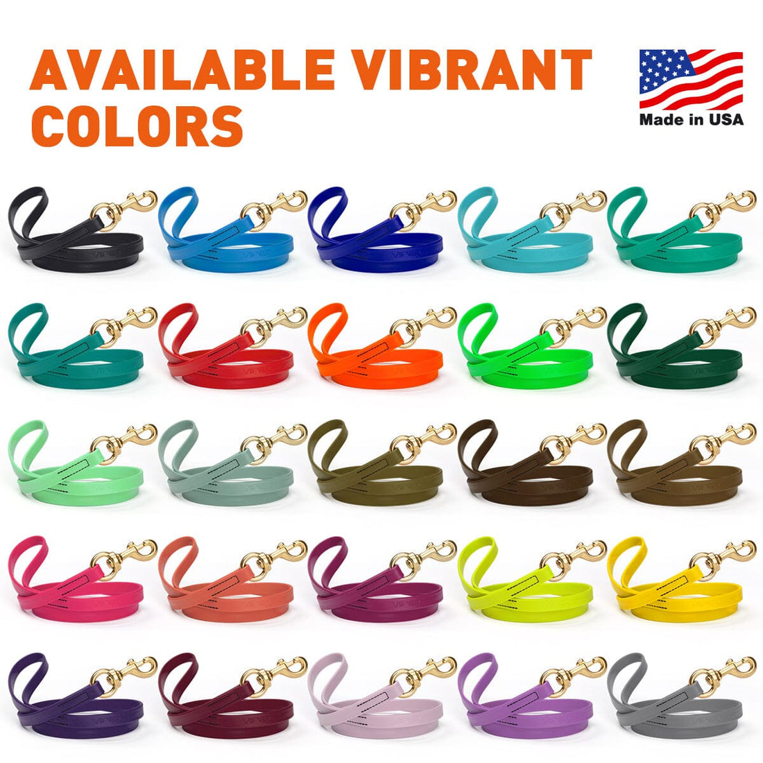 6ft dog leashes with brass hardware, made from Biothane, 3 widths and 26 colors available
