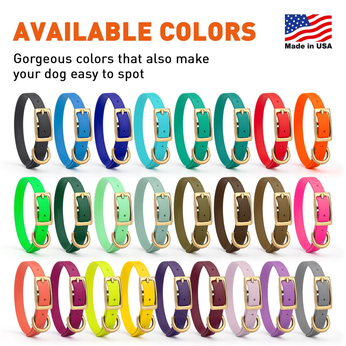 Waterproof Biothane dog collars with brass hardware, size XS, 1/2-inch wide, 26 colors available