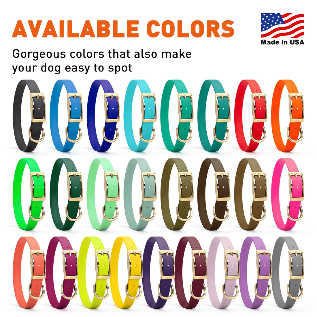 Waterproof collars for medium dogs, made from Biothane, with brass hardware, 3/4-inch wide, 26 colors available